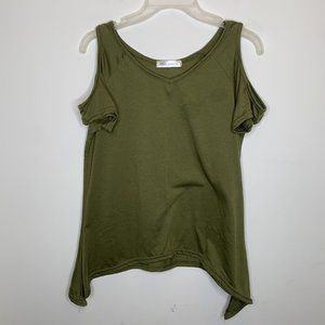 Uno Qi Clothing Womens M Green Short Sleeve Open Shoulder Shirt Top Blouse